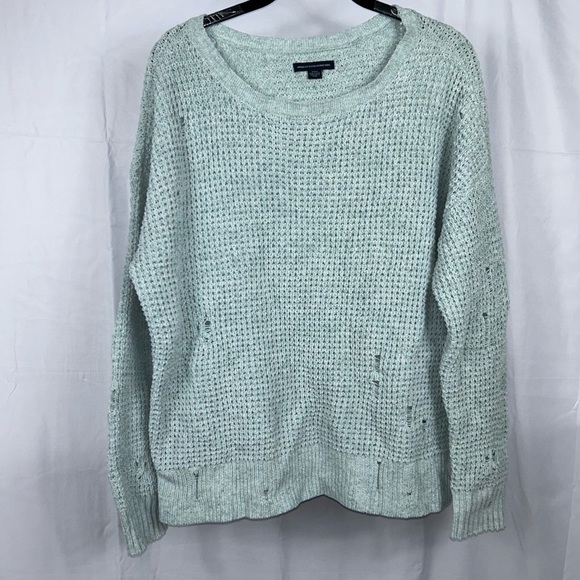 American Eagle Sweater Waffle Knit Distressed Long Sleeve Crewneck Pullover Top - Picture 2 of 11